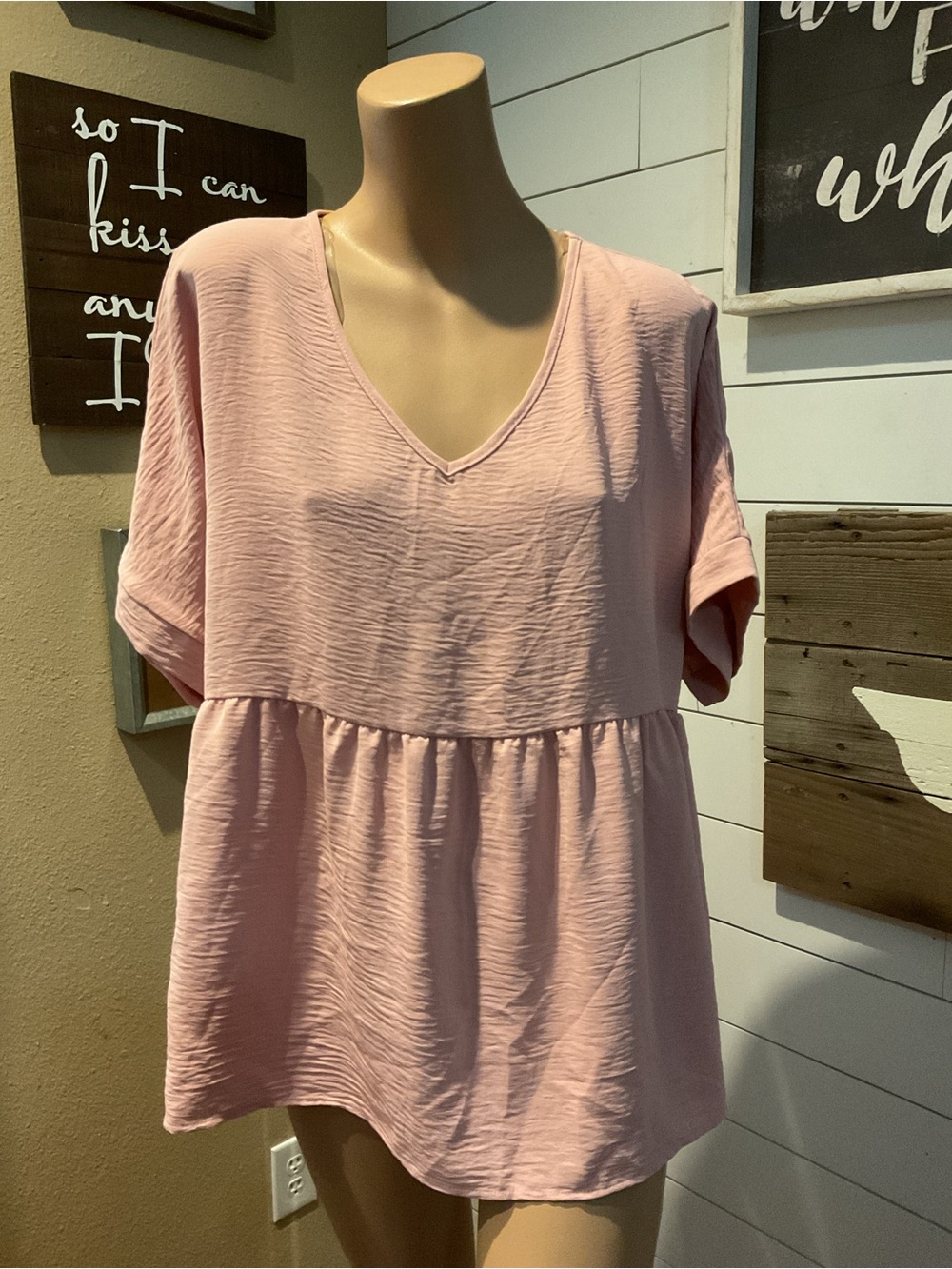 Jodifl Women’s Pink Baby Doll V-Neck Top Cuffed Sleeve Size Medium